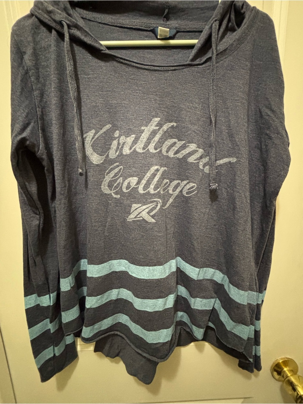 Kirtland College Logo Hoodie - Slate Blue with Teal Stripes